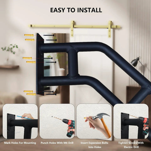 Rock Solid Black Handrails For Outdoor Steps 21 Inch Stair Railing installed with easy instructions, showing tools for mounting.