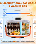 32 Quart Electric Car Cooler Warmer With Smooth Rolling Wheels shows beverages, vegetables, and hamburgers ideal for road trips.