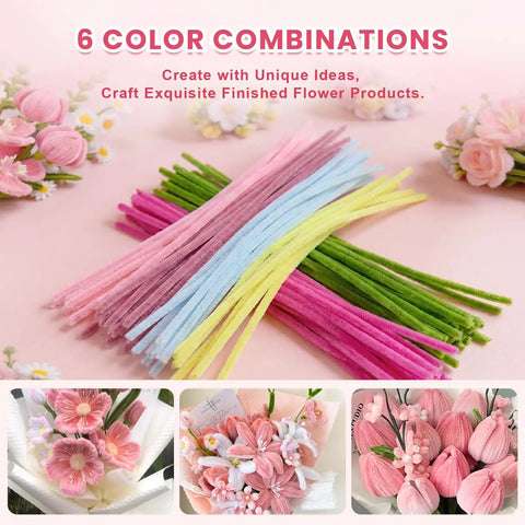 All-Inclusive 600 Piece Pipe Cleaners Craft Kit With 6 Color Chenille Stems, floral arrangements and color gradient stems displayed