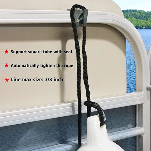 Beefy Heavy Duty Adjustable Stainless Steel Boat Fender Clips For Square Rails Pontoon Bumper Hangers With Silicone Padding Two Pack Durable Marine Rail Protectors Easy Install shown on boat rail with rope.
