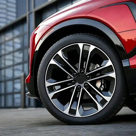 Solid 4 Pack Wheel Center Caps Black 2.36 Outer Diameter 2.2 Inner Diameter Tough ABS Plastic Rim Hub Covers Glossy Lock In Fit on red car wheel.