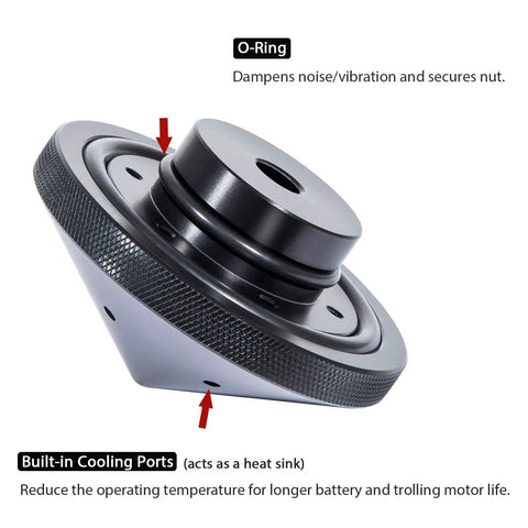 Prop Nut For Trolling Motors That Cuts Prop Noise And Vibration, Stabilizes With A Bigger Contact Point, Black Finish, with cooling ports