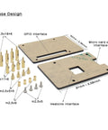Diagram of Universal Acrylic Raspberry Pi Case Kit components with dimensions and interface labels for DIY assembly.