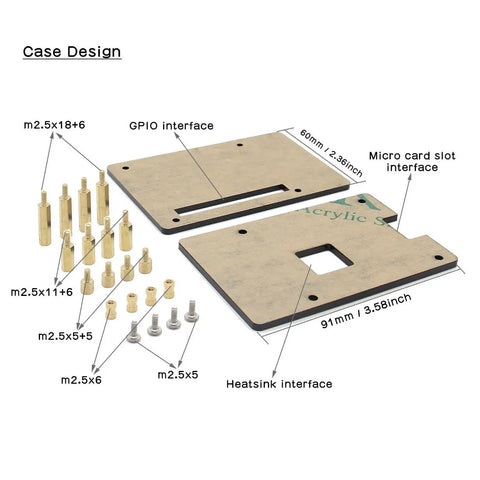 Diagram of Universal Acrylic Raspberry Pi Case Kit components with dimensions and interface labels for DIY assembly.