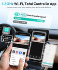 5.8 GHz WiFi feature of 4K Front And Rear Dash Cam With 170 Degree Ultra Wide View displayed on a smartphone app.