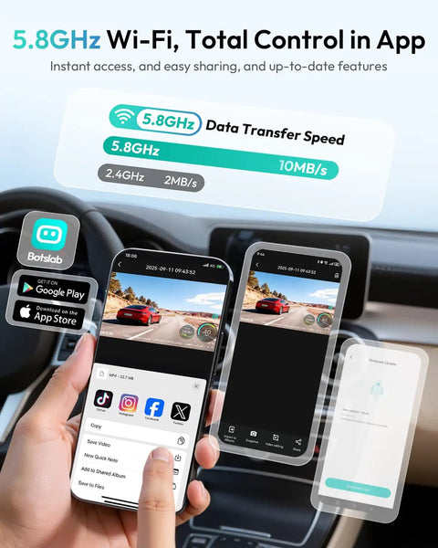 5.8 GHz WiFi feature of 4K Front And Rear Dash Cam With 170 Degree Ultra Wide View displayed on a smartphone app.