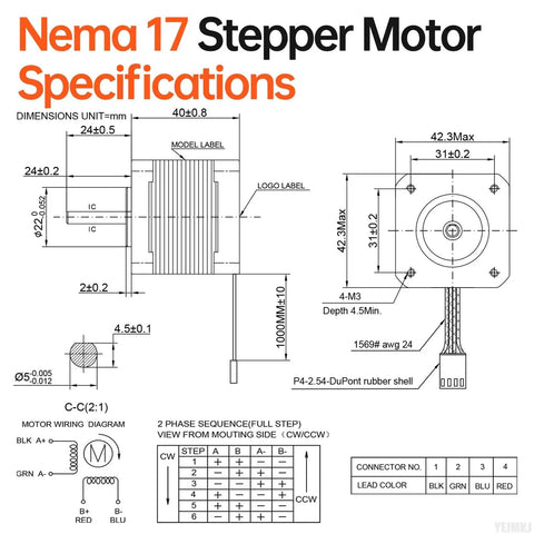 Technical diagram of Beefy Torque Nema 17 Stepper Motor 1.8 Degree 2 Phase Bipolar With 0.41Nm Torque, 42x40mm body, wiring details.
