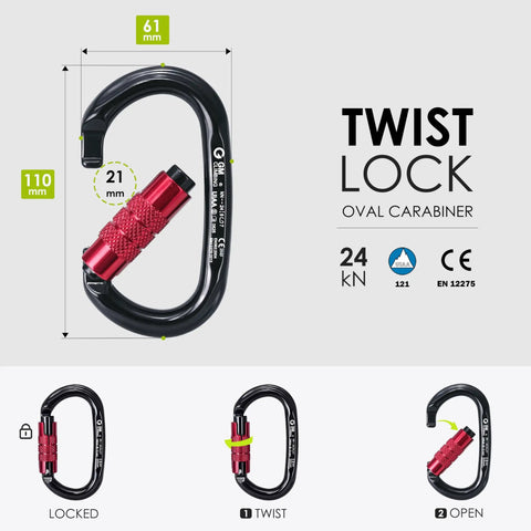 Slack Tending Pulley Kit For Doubled Rope Climbing DDRT System With twist lock oval carabiner, red locking mechanism, 24kN strength.
