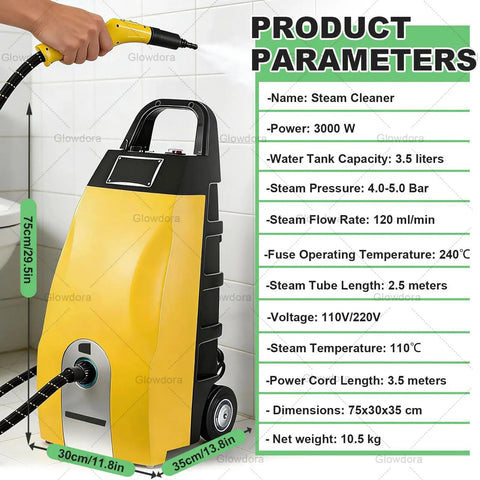 3000W High-Pressure Steam Cleaner With Large 3.5L Tank shown spraying steam, ideal for kitchen grease, carpets, sofas, and tiles.