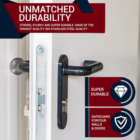 Knockout Heavy Duty Door Bumper Keeps Walls Looking Sharp Satin Stainless Steel Rubber Wall Mount Stopper showing durable door handle and bumper.