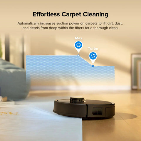 Robot Vacuum and Mop Combo With 10,000 Pa HyperForce Suction, LiDAR Navigation on carpet, displaying suction levels, black color