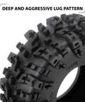 Close-up of 1.3 Inch Wheel Tires Set With S5 Swamp Claw Mud Terrain Tread for 1/18 and 1/24 RC Crawlers.