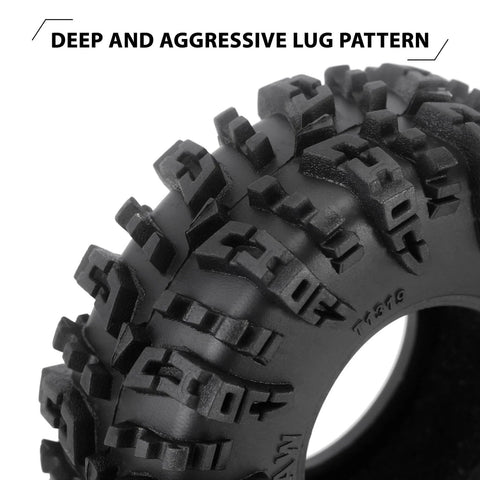 Close-up of 1.3 Inch Wheel Tires Set With S5 Swamp Claw Mud Terrain Tread for 1/18 and 1/24 RC Crawlers.