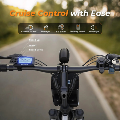 Handlebars of Foldable Electric Bike For Adults With 750W Peak Motor And 48V Battery 50 Miles, showing control display.