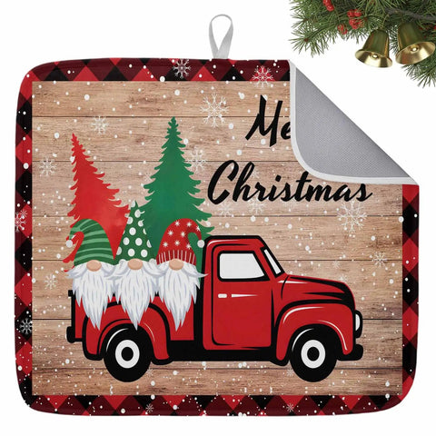Festive Christmas Dish Drying Mat With Gnomes And Pine Trees For Kitchen Counter Absorbent Microfiber Pad 16 By 18 Inches