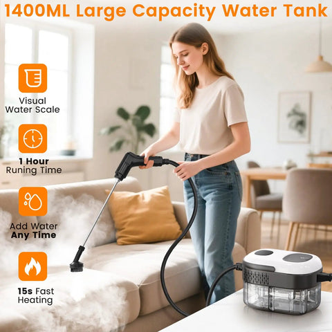 Powerful Handheld Steam Cleaner With 2500W Motor And 3 Bar Pressure cuts right through grease and dust, large 1400ml tank.