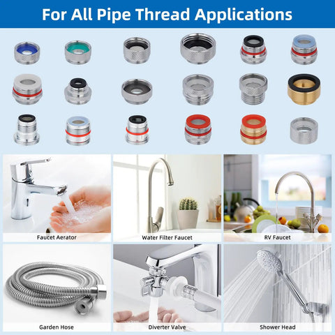 18 Piece Faucet Adapter Kit Brass Aerator Set with male and female connectors for sink, garden hose, RV and standard hose applications.