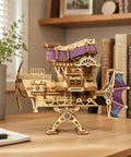 Fun 3D Wooden Airship Puzzle Kit for Teens and Adults, side view with propeller, gears, deck, pine wood mechanical flying ship