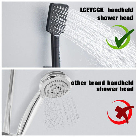 Comparison of LCEVCGK handheld shower head with another brand, highlighting 3-setting spray feature.