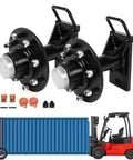 Bombproof Shipping Container Wheels With 8x6.5 Lug Hubs And Complete Axle Kit showing heavy-duty black axle and container.