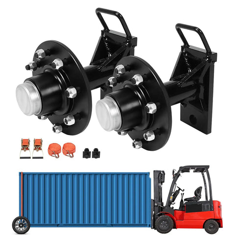 Bombproof Shipping Container Wheels With 8x6.5 Lug Hubs And Complete Axle Kit showing heavy-duty black axle and container.