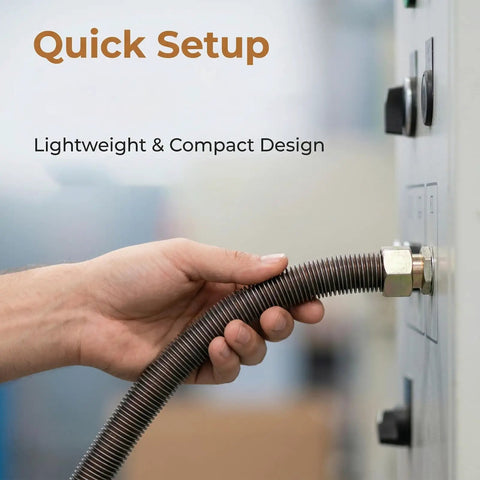 Hand connecting 12mm Copper-Coated Exhaust Tube For Air Compressors to system, showcasing 3/4 Inch Line Kit attachment