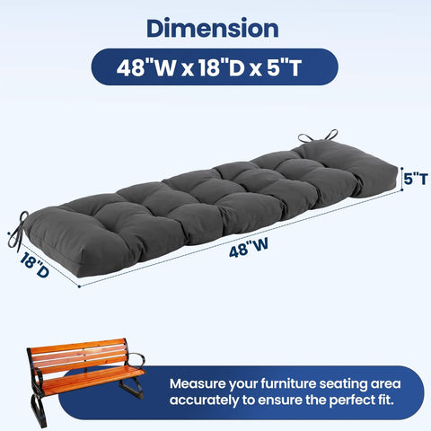 48 Inch Outdoor Bench Cushion 18 Inch Deep 5 Inch Thick Tufted Memory Foam, All-Weather Waterproof Fade-Resistant, in Dark Grey