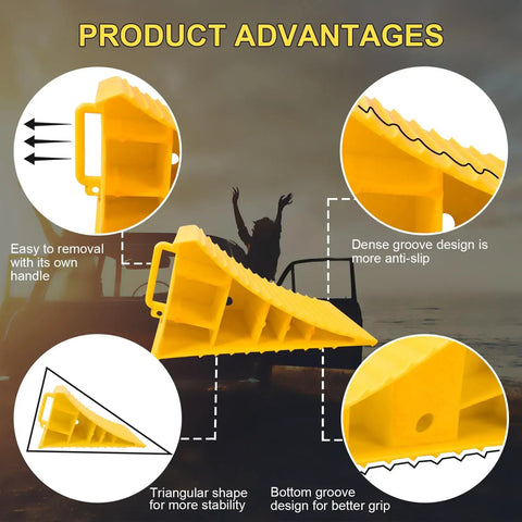 4 Pack Heavy Duty Wheel Chocks For RV Trailer And Camper, showing yellow non-slip polypropylene with handle and grooves