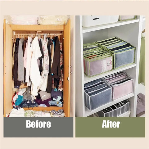 Before and after using Mesh Nylon Wardrobe Drawer Organizer Set for Closet Storage, showing organized foldable dividers inside.