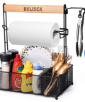 Grill Caddy With Built In Paper Towel Holder For Outdoor BBQ Grilling And Tailgating, Multi Pocket Organizer For Plates Silverware Spices Condiments Napkins And More, Ideal For Camping RVs Backyard Picnics, set on a white background.