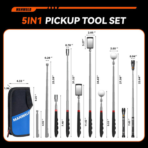 5-piece telescoping magnetic pickup tool set with portable bag, flashlight, inspection mirror for auto repair and DIY projects, blue.