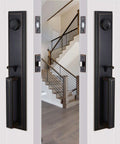 Reversible Double Door Handle Set With Deadbolt And Lever, 16.5 Inch Oil Rubbed Bronze Security Entrance Lock, Left Or Right Handed, Full Plate Style, Includes Two Keyed Alike Cylinders, X-2011ORB-SET installed on doors
