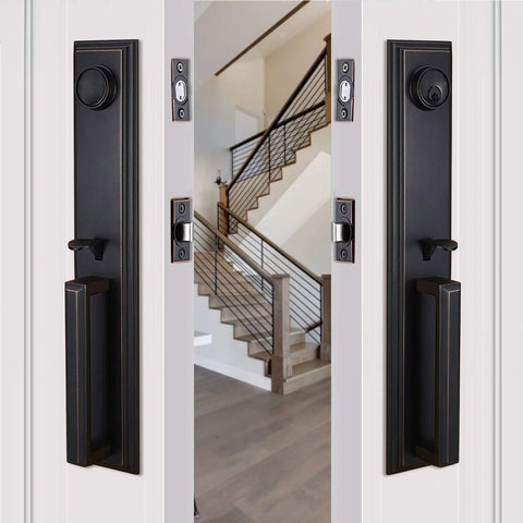 Reversible Double Door Handle Set With Deadbolt And Lever, 16.5 Inch Oil Rubbed Bronze Security Entrance Lock, Left Or Right Handed, Full Plate Style, Includes Two Keyed Alike Cylinders, X-2011ORB-SET installed on doors