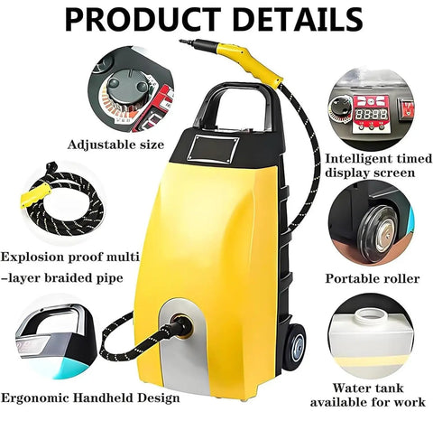 High Pressure Steam Cleaner 3000W With Fast 40 Second Heat Up Removes Stubborn Grease From Car And Kitchen Surfaces With 110 Degree Celsius Hot Steam And 3.5L Large Water Tank Capacity For Deep Cleaning Jobs, featuring ergonomic design and multiple features.