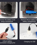 Instructional image showing battery removal and charging process for Boss 11 Channel RC Excavator Toy With 680 Degree Rotation And Alloy Bucket One Twentieth Scale Construction Vehicle With Remote Two Point Four GHz For Outdoor Sandbox Play Kids Toy Ages Four To Ten Yellow.