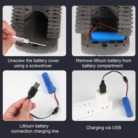 Instructional image showing battery removal and charging process for Boss 11 Channel RC Excavator Toy With 680 Degree Rotation And Alloy Bucket One Twentieth Scale Construction Vehicle With Remote Two Point Four GHz For Outdoor Sandbox Play Kids Toy Ages Four To Ten Yellow.