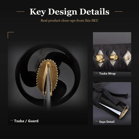 Key design details of Wakizashi Iaito For Iaido Practice, featuring tsuba, tsuka wrap, and saya close-ups.