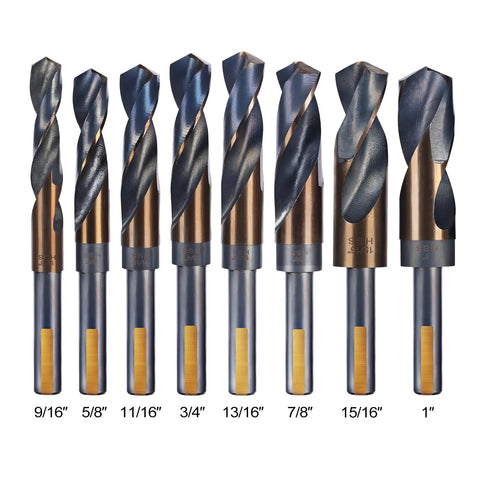 Reduced Shank Drill Bits Set, 8 Pc Deming Large HSS Cobalt M2 Bits in various sizes from 9/16 to 1 inch