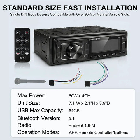 Single Din Bluetooth 5.1 Marine Car Stereo Receiver With 240W Power, IR Remote And App Control, front panel and remote