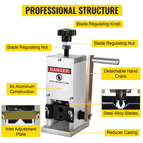 Portable Manual Wire Stripping Machine With Hand Crank For Scrap Copper Recycling 0.06 to 0.98 Inch Wires, labeled parts