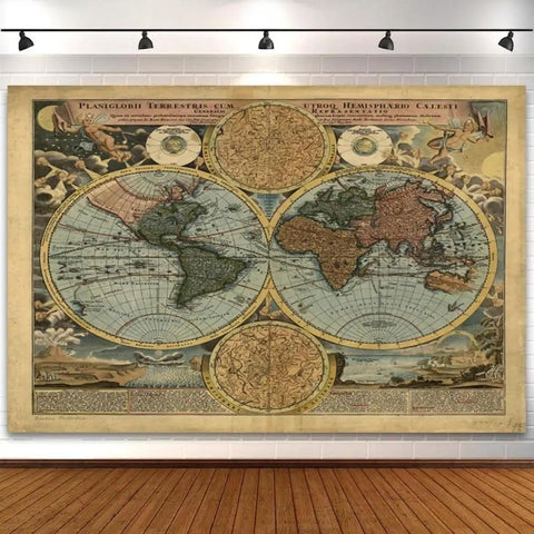 Vintage World Map Backdrop 10x8ft Large Photography Background Antique Parchment Style For Travel Adventure Decor
