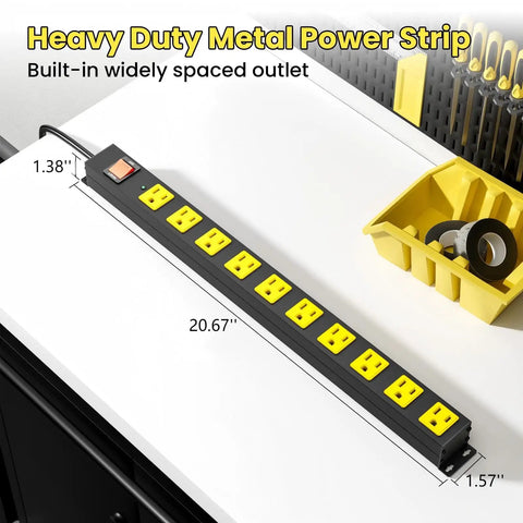 Tough As Nails 10 Outlet Metal Power Strip With 2100J Surge Protection, Heavy Duty 10 Foot Extension Cord, Wide Spaced Outlets And Wall Mount For Garage, Workshop, Job Site, Shop, Or Home Office