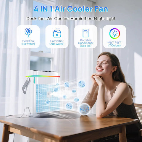 Chill Fast Portable Mini Air Conditioner With 40oz Water Tank Three Fan Speeds Three Cool Mist Modes One To Three Hour Timer