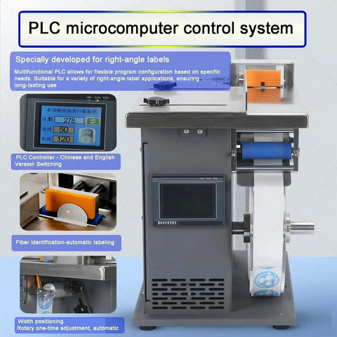 Top Tier Semi-Automatic Labeling Machine For 90 Degree Corner Sealing, featuring a PLC microcomputer control system.