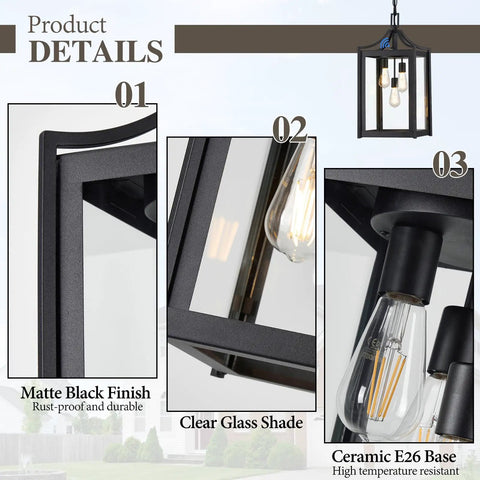 Straight Up Heavy Duty Outdoor Pendant Light With Automatic Dusk To Dawn Sensor 18.5 Inch Porch Chandelier matte black finish details