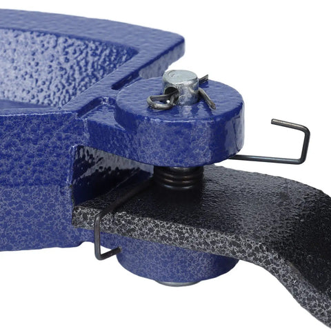 Close-up view of Heavy Duty Manual Pipe Bender Made From Tough Carbon Steel with blue handle and black base for precise bends.