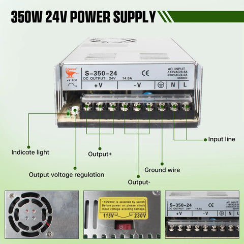 350W 24V power supply unit features labeled, part of Plug And Play 3 Axis CNC Controller Kit With Nema 23 Stepper Motor 57x76mm 270 Oz-In