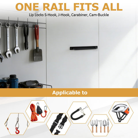Wall showing 2 Pack Aluminum Tie Down Hanger Wall Mount Organizer with tools hanging, rust proof lightweight storage rack.