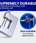 High Security D Style Padlock For Home Trailer Bike Door And Outdoor Shed Lock Heavy Duty Anti Theft Lock Set Keyed Alike With Master Lock Compatible 3 1 8 Inch 80mm Shackle Built Tough For Real World Security, ideal for marine use, with image of silver padlock on blue background showing construction.