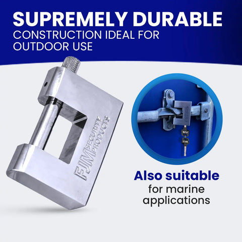High Security D Style Padlock For Home Trailer Bike Door And Outdoor Shed Lock Heavy Duty Anti Theft Lock Set Keyed Alike With Master Lock Compatible 3 1 8 Inch 80mm Shackle Built Tough For Real World Security, ideal for marine use, with image of silver padlock on blue background showing construction.